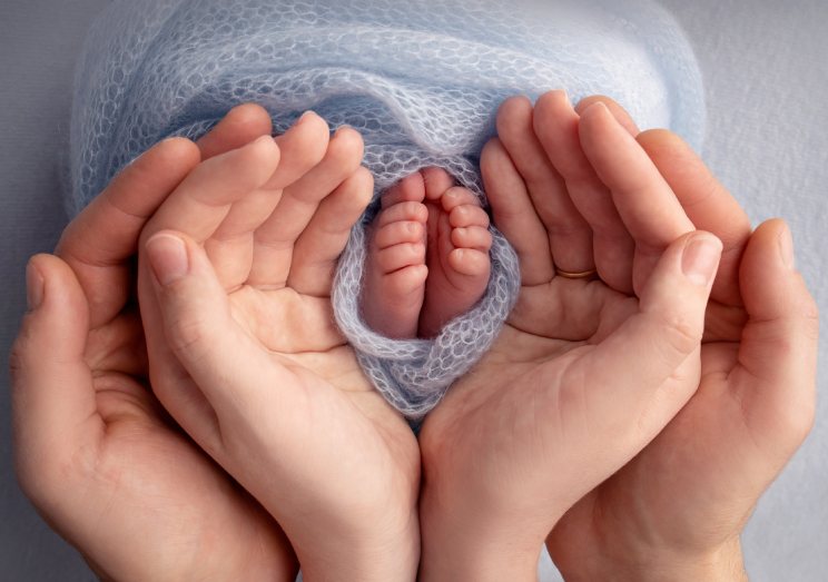 Hände von Eltern in Herzform um Babyhände gelegt