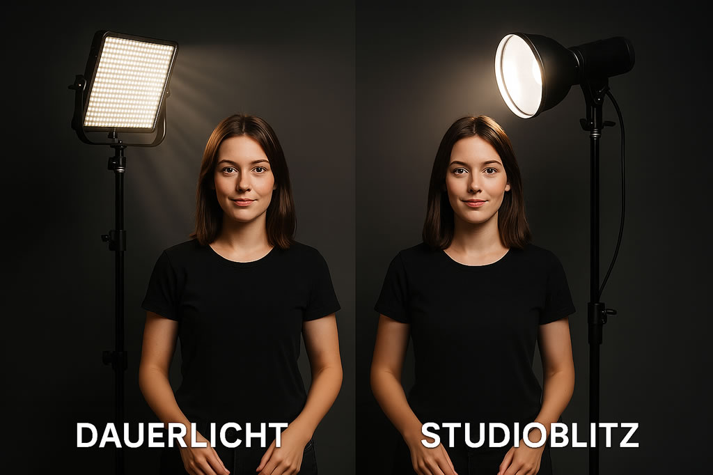 Vergleich Studioblitz und Dauerlicht im Fotostudio