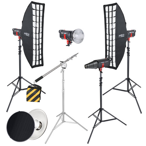 proxistar Studioblitz Komplett-Set 4x 400Ws mit Striplight, Beauty Dish & Galgenstativ