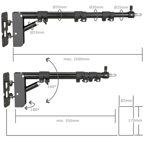 Wand-Lampenstativ Wandausleger stufenlos von 55 bis 100 cm